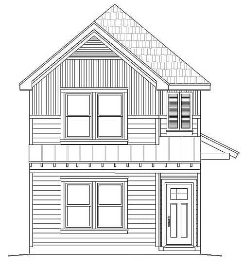 House plan exterior drawing of a two-story home with gables, double-hung windows, and a front door.