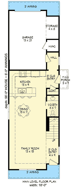 Plan 68407VR: 1605 Square Foot Narrow Lot Townhome Plan - Floor Plan - Main Level - Contemporary, Traditional