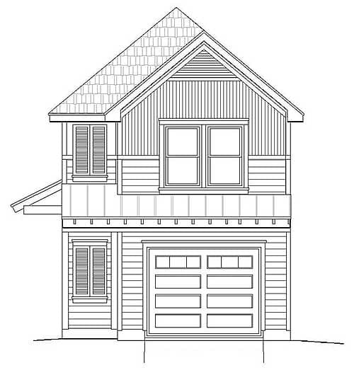 House plan exterior: two-story, gabled roof, large front-facing garage, and upper-level balcony.