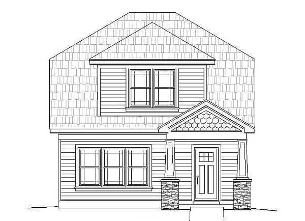 House plan exterior drawing featuring a prominent gable, shingled roof, porch with stone-clad columns, and double-hung windows.