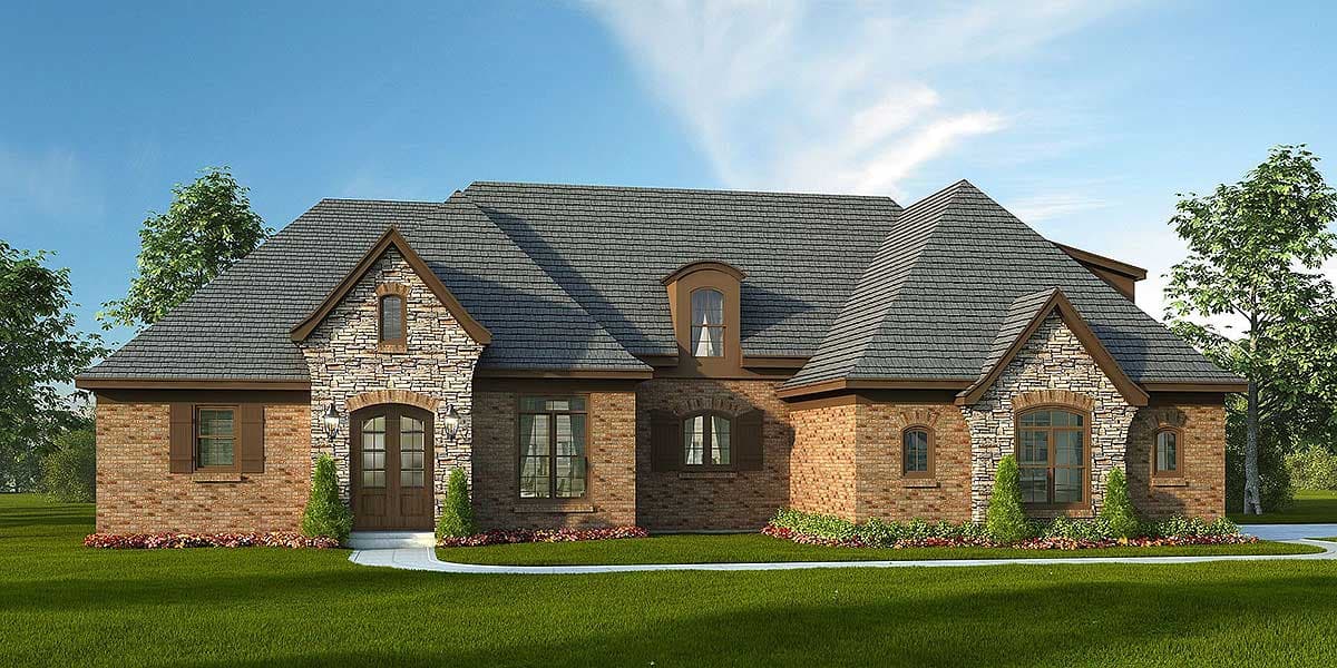 House plan exterior. Two-story, brick facade, stone accents, and multiple gabled rooflines. Features arched entry, dormers, and multiple windows.