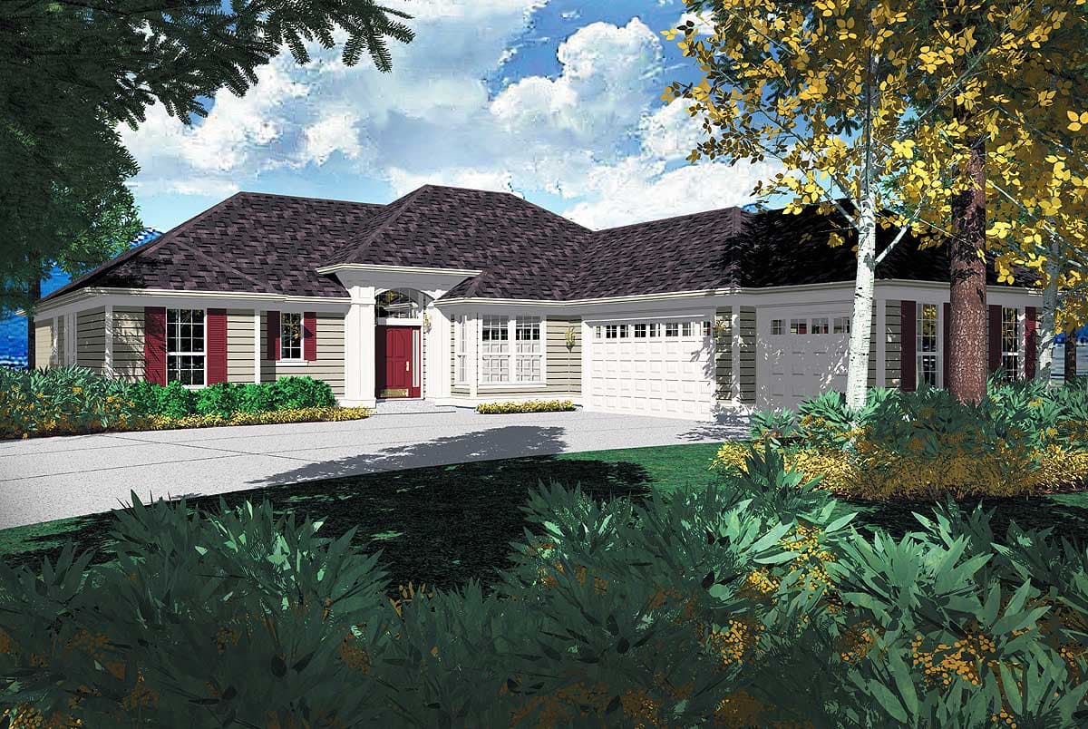 House plan exterior: Ranch-style, one story with covered entry, decorative columns, dormers, and a three-car garage.