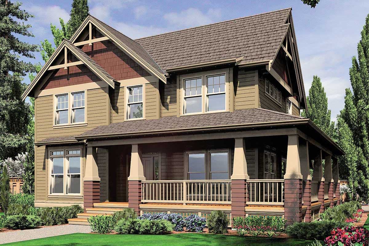 Craftsman style house plan exterior: Two stories, wrap-around porch with tapered columns, prominent gables, and shingle accents.
