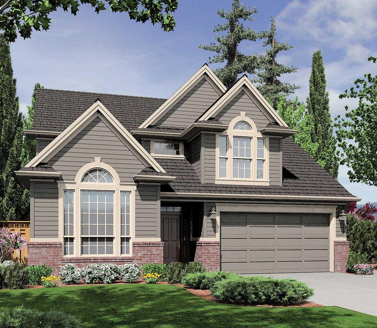 House plan exterior: Two-story modern farmhouse with gables, arched windows, and a two-car front-entry garage.
