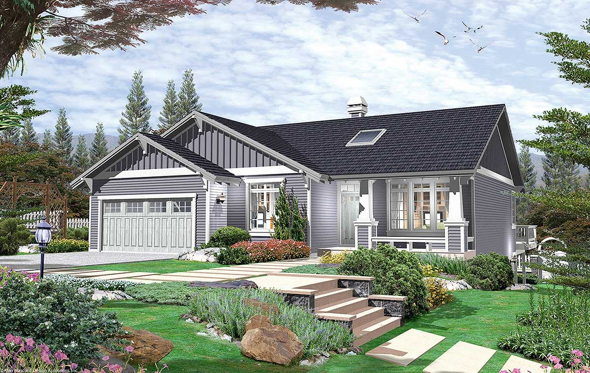 House plan exterior: Single-story Modern Farmhouse with gable, covered porch, and two-car side-entry garage.
