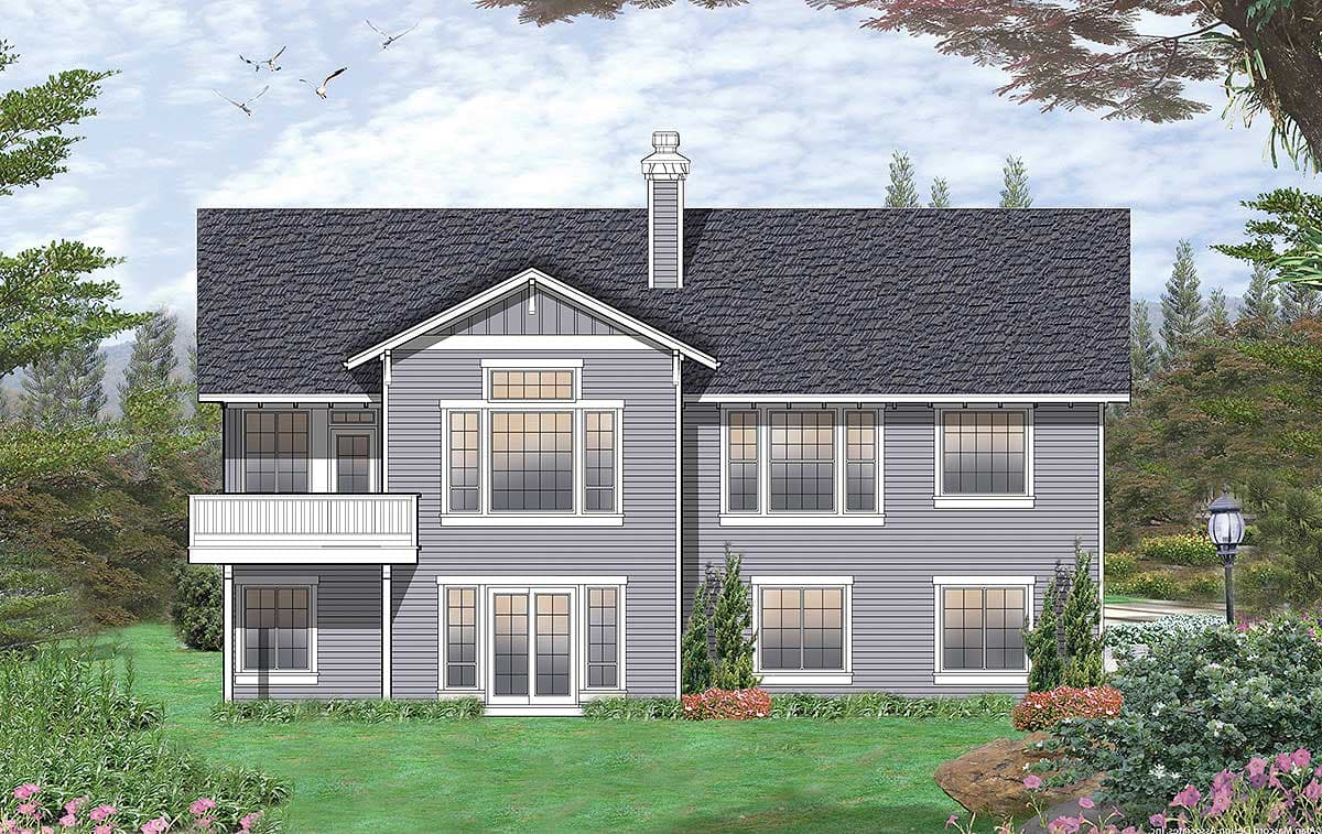 Two-story house plan exterior with a prominent gabled dormer, upper-level balcony, and multi-pane windows.