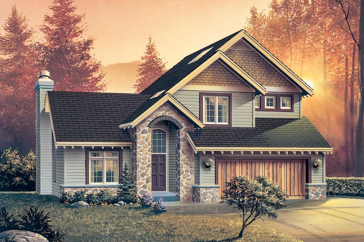 House plan exterior: Two-story home with arched stone entry, prominent gables, dormers, and a side-facing garage.
