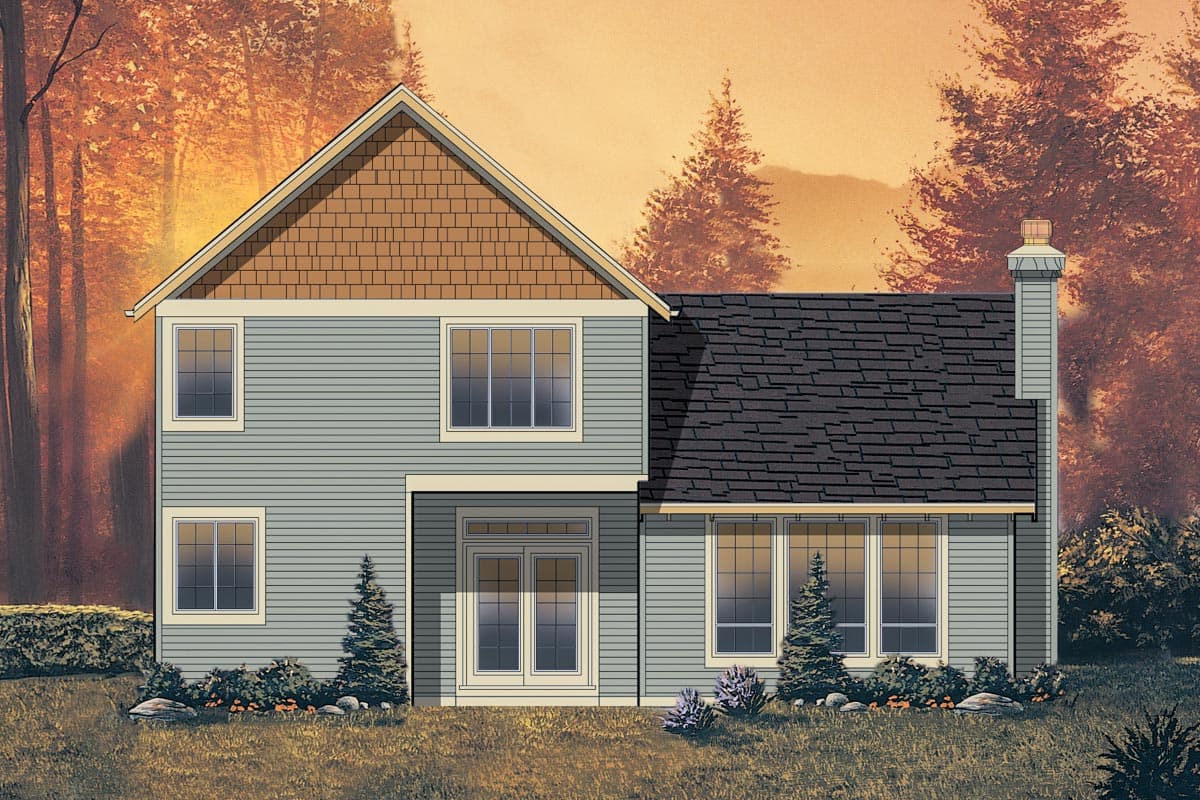 Two-story house plan exterior with shingle gable, horizontal siding, multiple windows, double front doors, and a prominent chimney.
