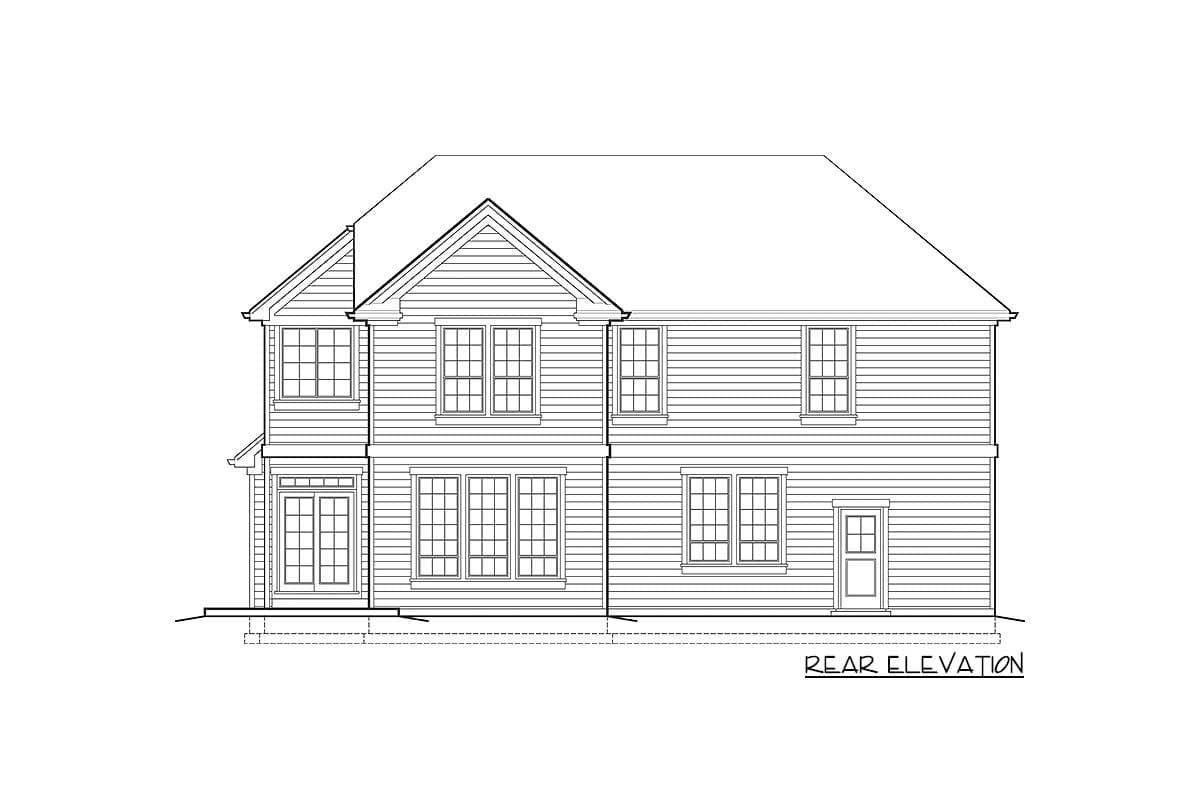 Rear elevation drawing of a two-story house plan with multiple windows, french doors, and a prominent gable.