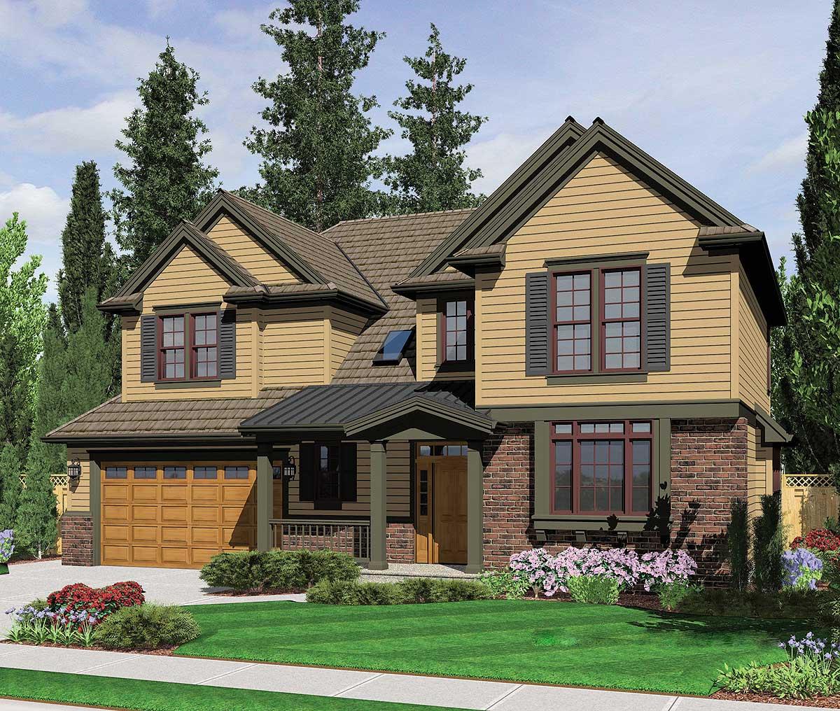 Two-story house plan exterior with gable roof, covered front porch, attached garage, and brick and lap siding accents.