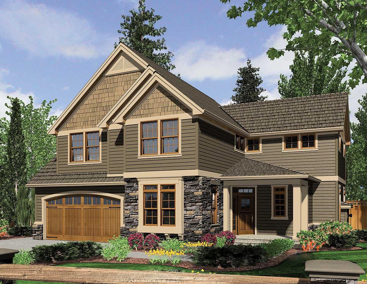 Two-story house plan exterior featuring shake gables, stone accents, covered entry, and attached garage with arched door.