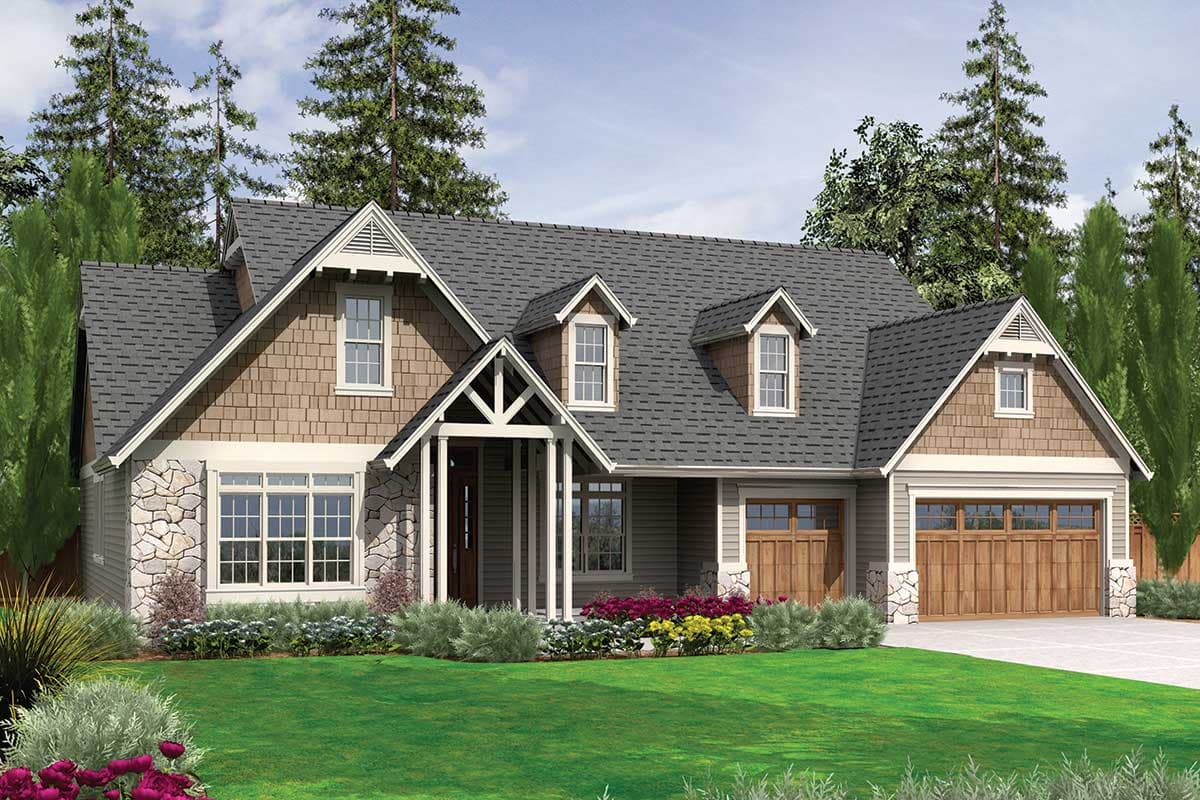 House plan exterior: Craftsman style with stone and shingle siding, gable dormers, and a covered entryway.