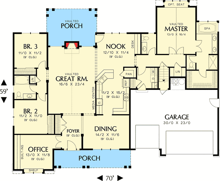 Plan 69005AM: One-Story Cottage with Home Office and Bonus - 2373 Sq Ft - Floor Plan - Main Level - Craftsman, Northwest
