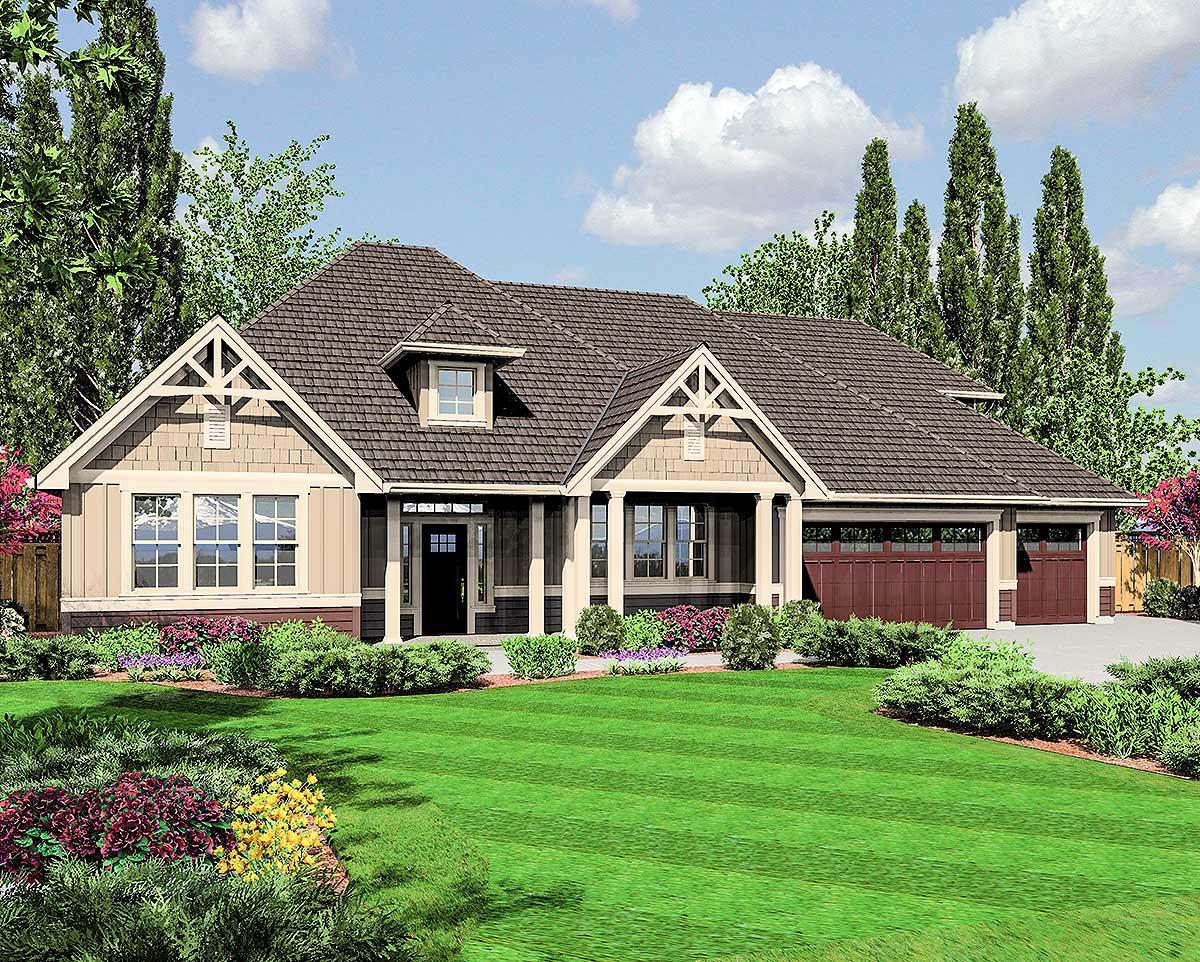 Craftsman house plan exterior: one story with covered front porch, prominent gables, dormer, and three-car garage.