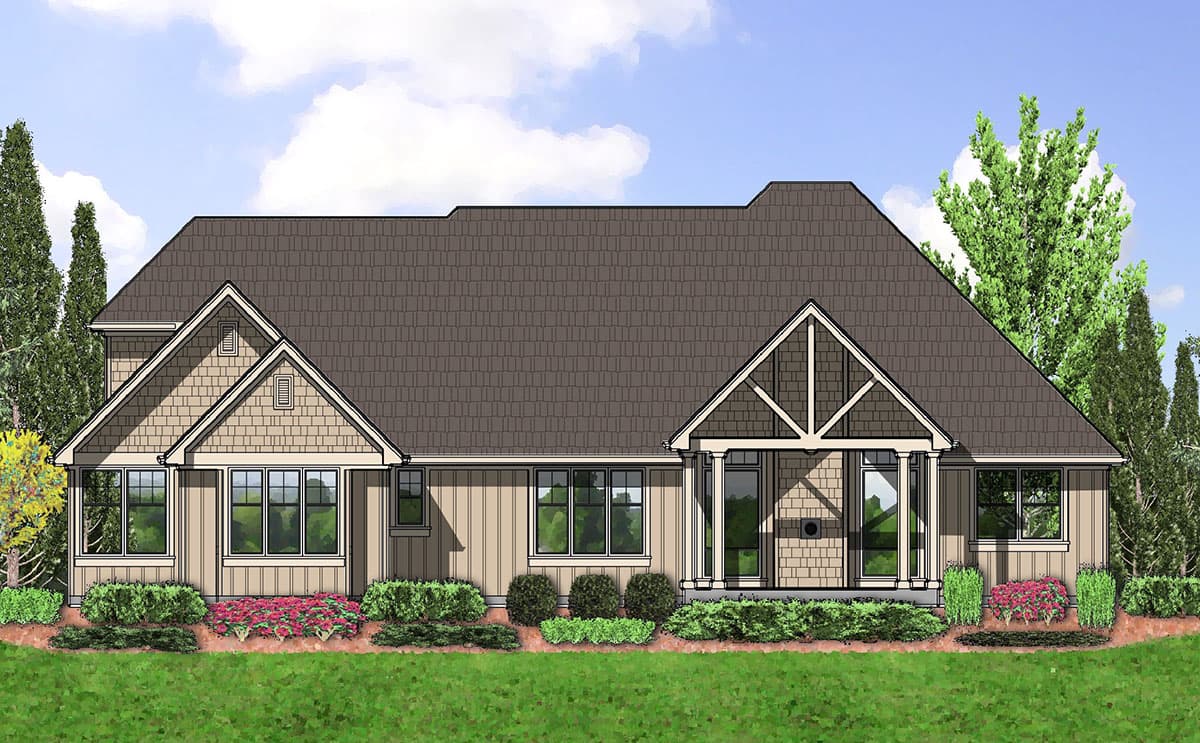 Craftsman style house plan exterior with a covered entry, multiple gables, dormers, and shake siding.