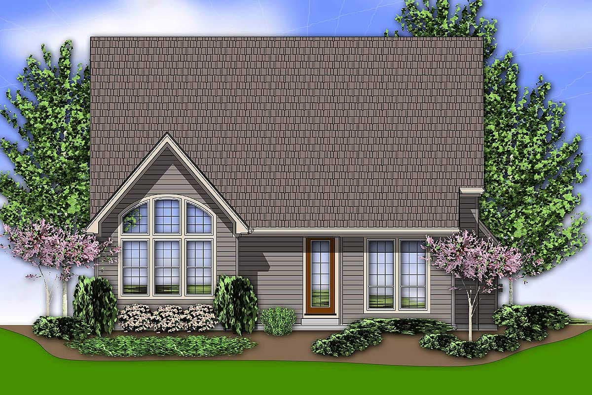 House plan exterior: One-story home with a prominent gable, arched window, and a covered entry with a glass-paneled door.