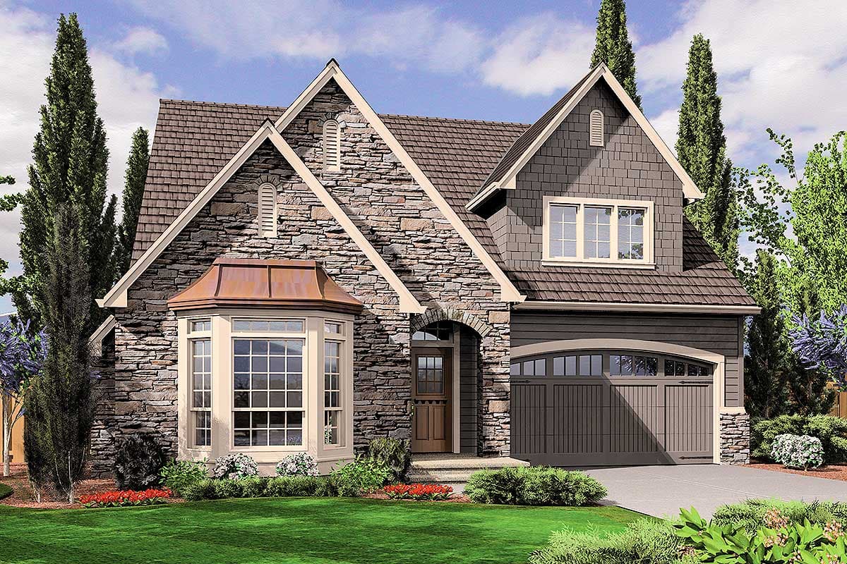 House plan exterior: Stone facade, multi-story home with bay window, dormer, arched entry, and garage.