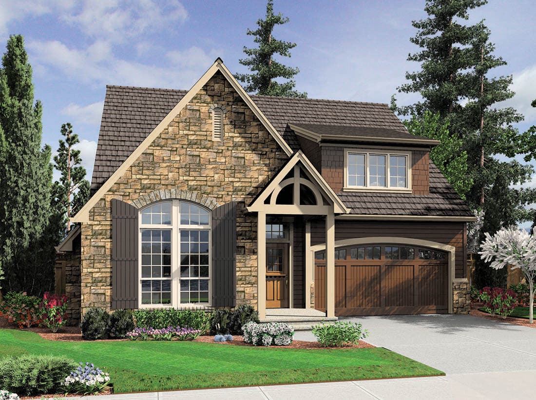 House plan exterior: Two-story home with stone facade, arched window, prominent gables, and attached garage.
