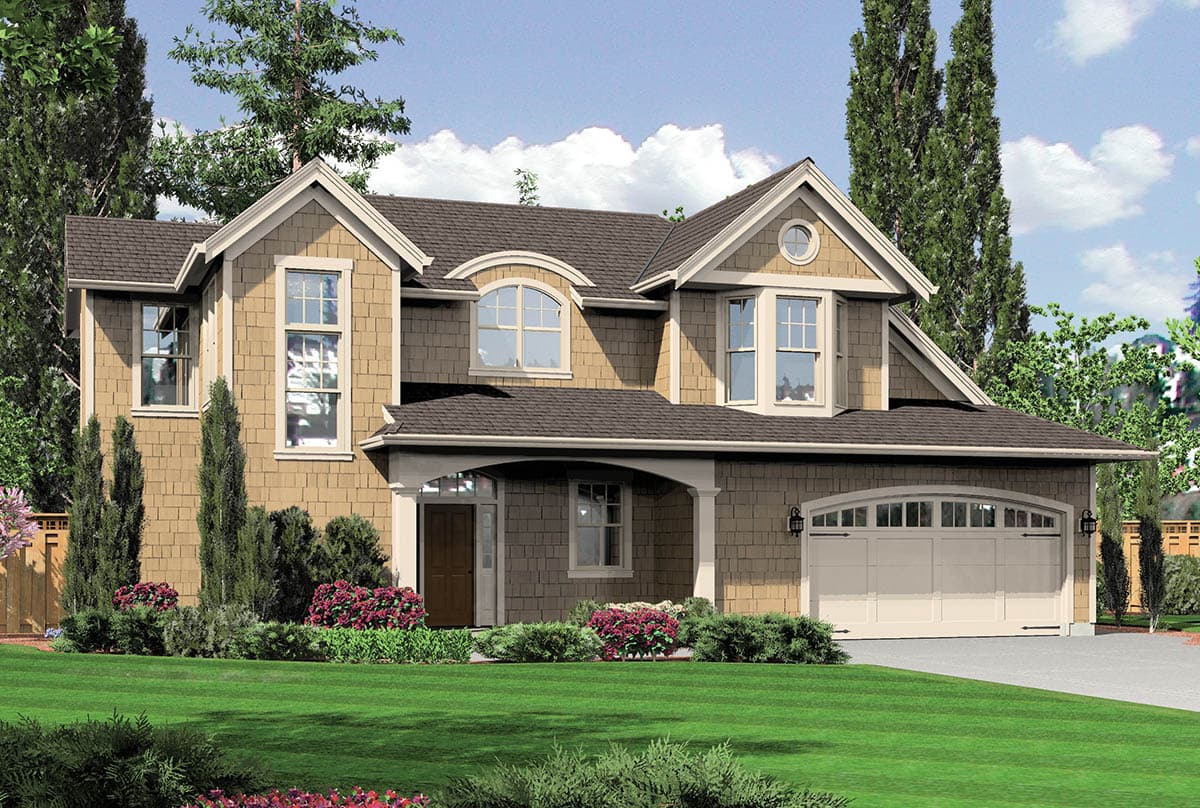 House plan exterior: Two-story home with gabled dormers, arched garage door, and covered entry with columns.