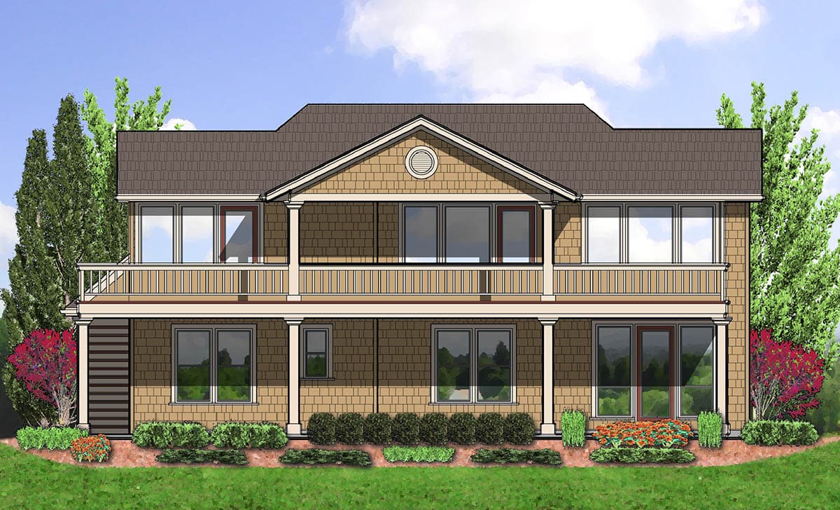 House plan exterior: Two-story home with a large upper balcony, covered lower porch with columns, and shingle siding.