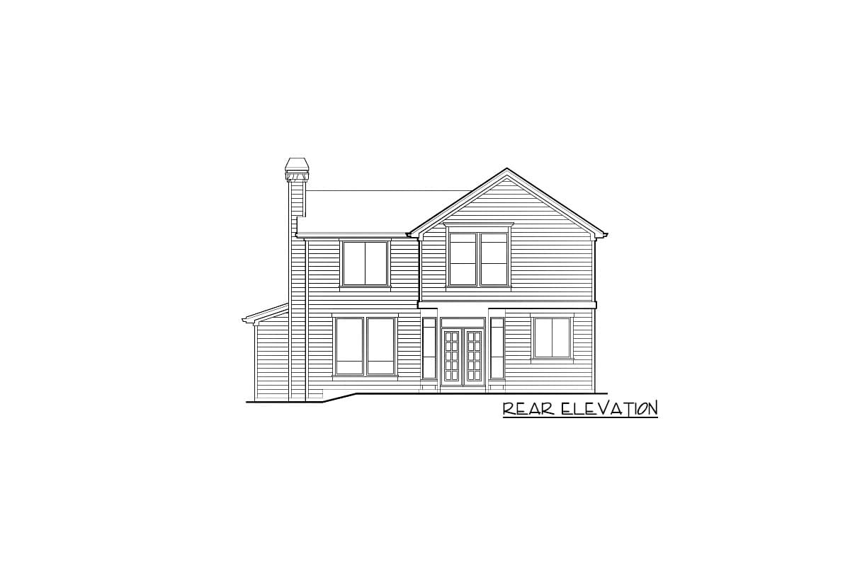 Rear elevation drawing of a two-story house with a gable roof, chimney, and double front doors.