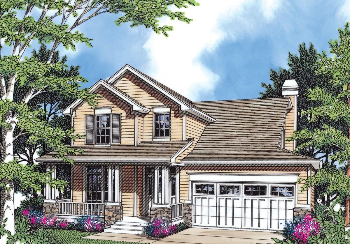 House plan exterior of two-story home with covered front porch, gables, and attached side-entry garage.