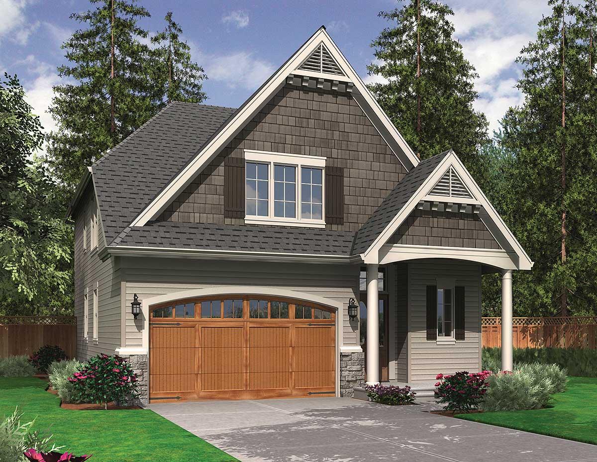 House plan exterior: two-story home with shake siding, gabled dormer, arched garage door, and covered front porch with columns.
