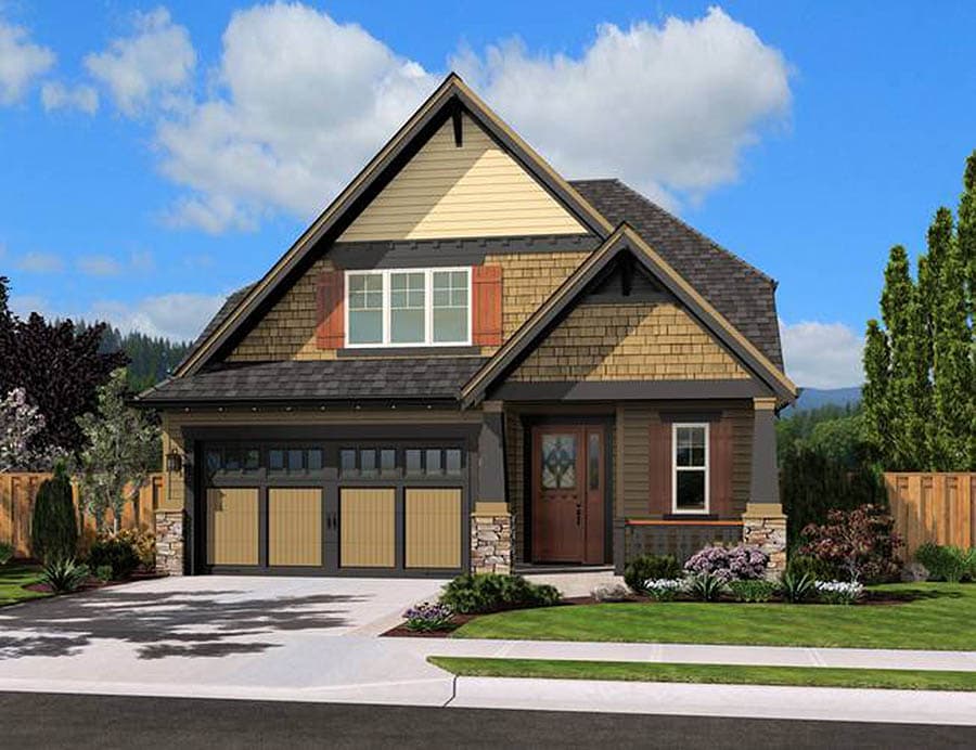 Craftsman style house plan exterior with a prominent gable, two-car garage, stone accents, and a covered entry porch.