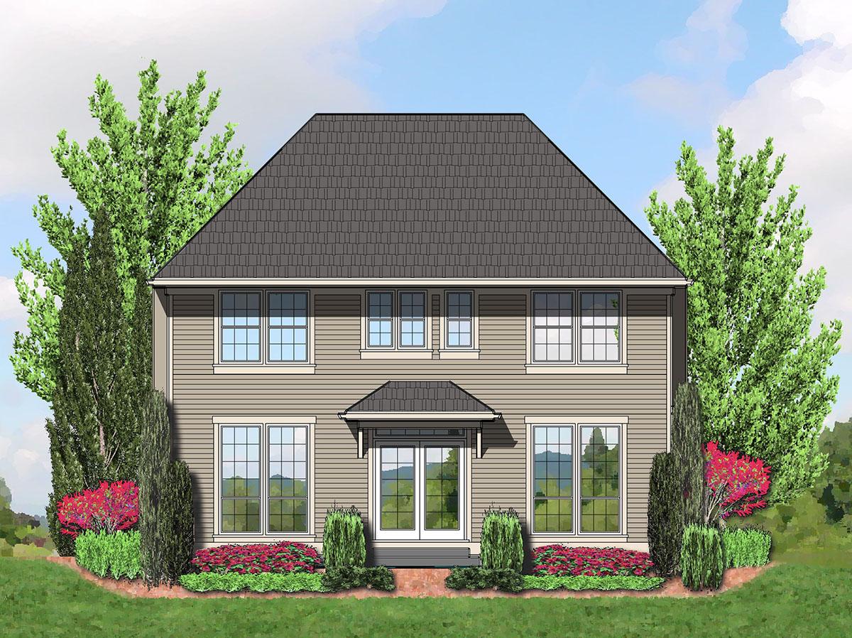 House plan exterior of a two-story home with a prominent hipped roof, symmetrical windows, and a covered front entrance.
