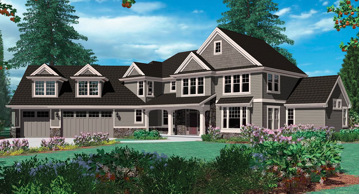 House plan exterior: two-story home with multiple gables, dormers, stone accents, covered entry, and attached three-car garage.