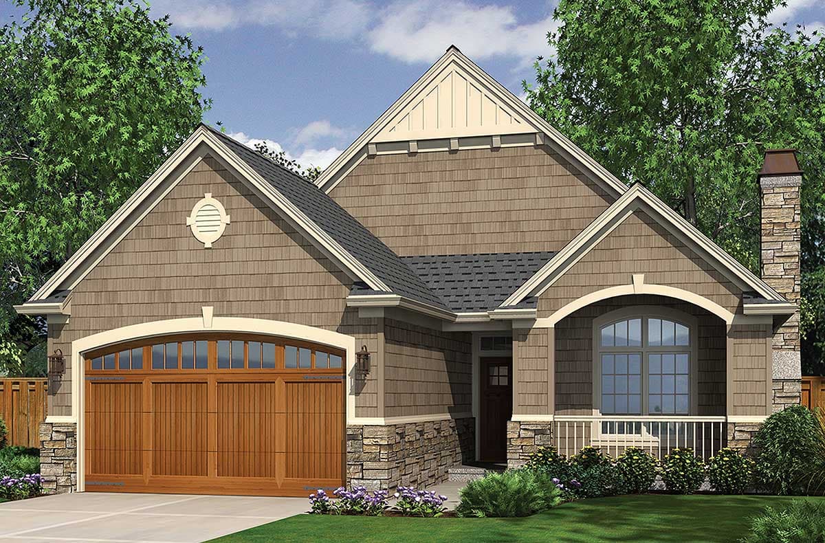 House plan exterior: Craftsman style, one story, with shake siding, stone accents, arched garage door, and covered entry.