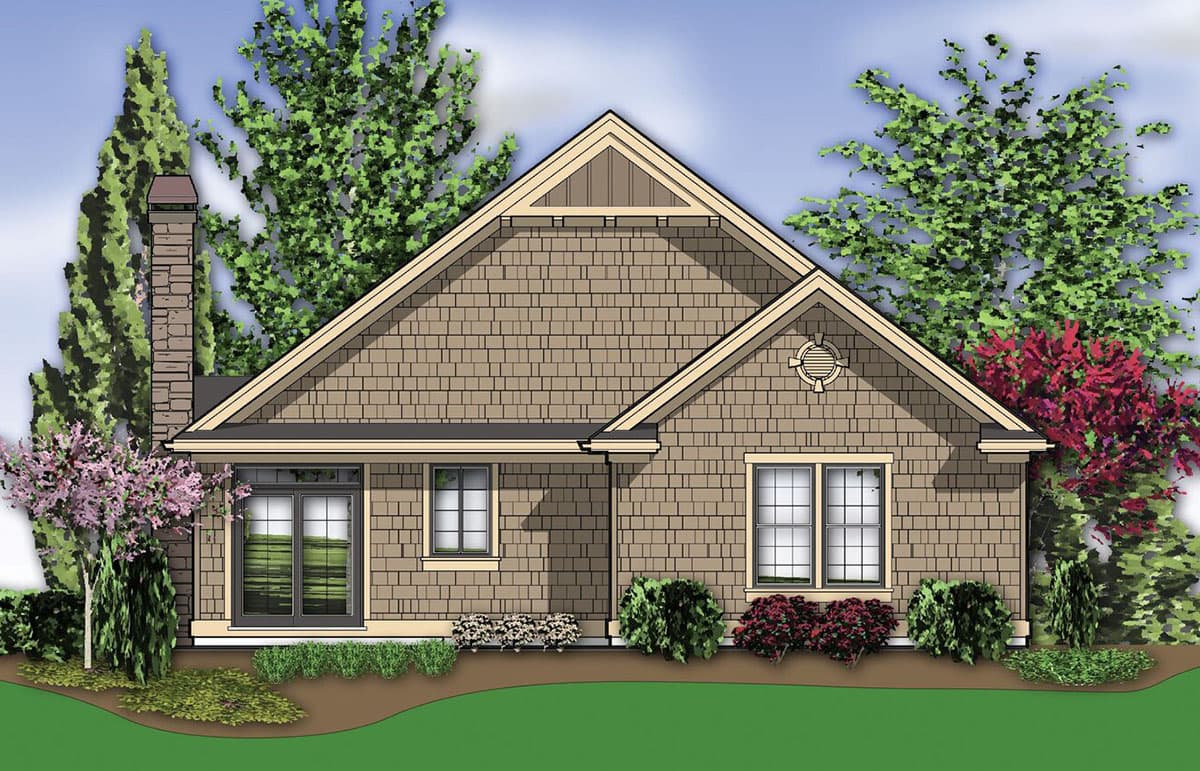 House plan exterior with shingle siding, a prominent gable with decorative vent, stone chimney, and multiple windows.