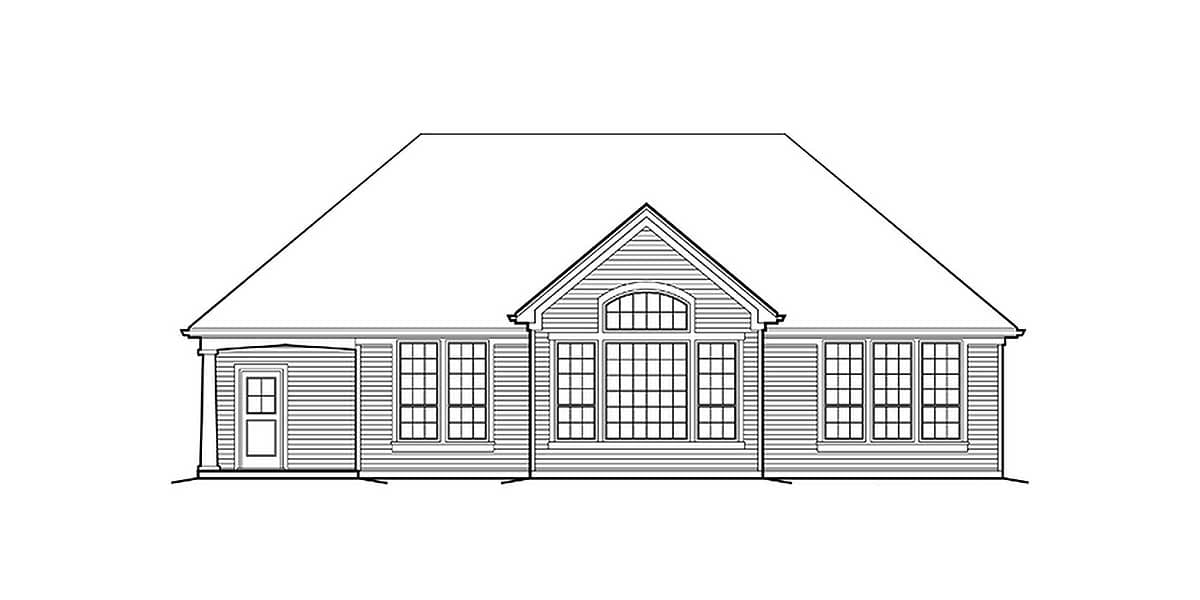 House plan exterior drawing of a one-story home with a central gable, multiple windows, and an attached garage door.