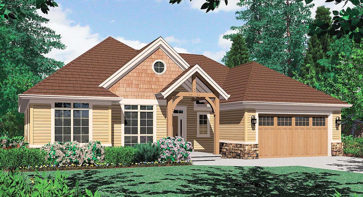 House plan exterior: Craftsman style, one-story, with prominent gables, cedar shakes, stone foundation, and attached two-car garage.