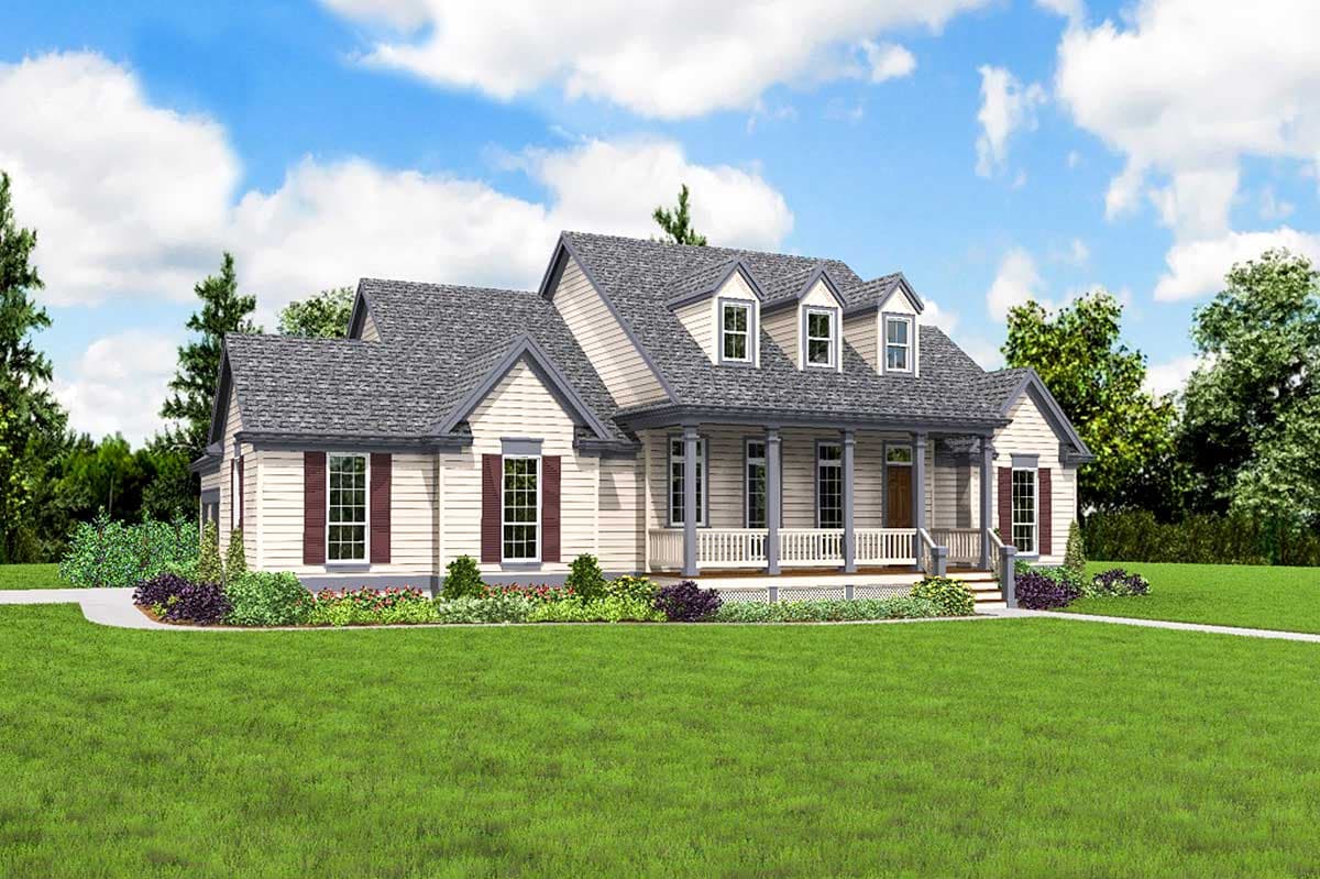 House plan exterior: A two-story home with a wraparound porch, multiple gables, and dormer windows.