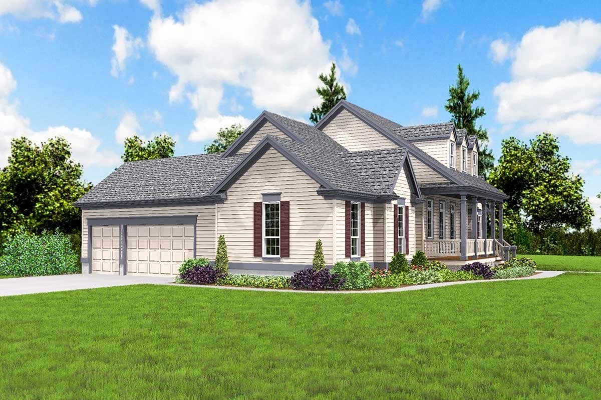 House plan exterior: Modern Farmhouse style, two-story, with attached two-car garage, wraparound porch, and dormers.