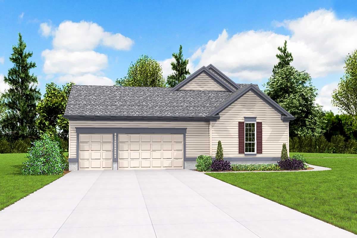 House plan exterior of a single-story Modern Farmhouse with a side-entry, three-car garage, gable roof, and dormer.