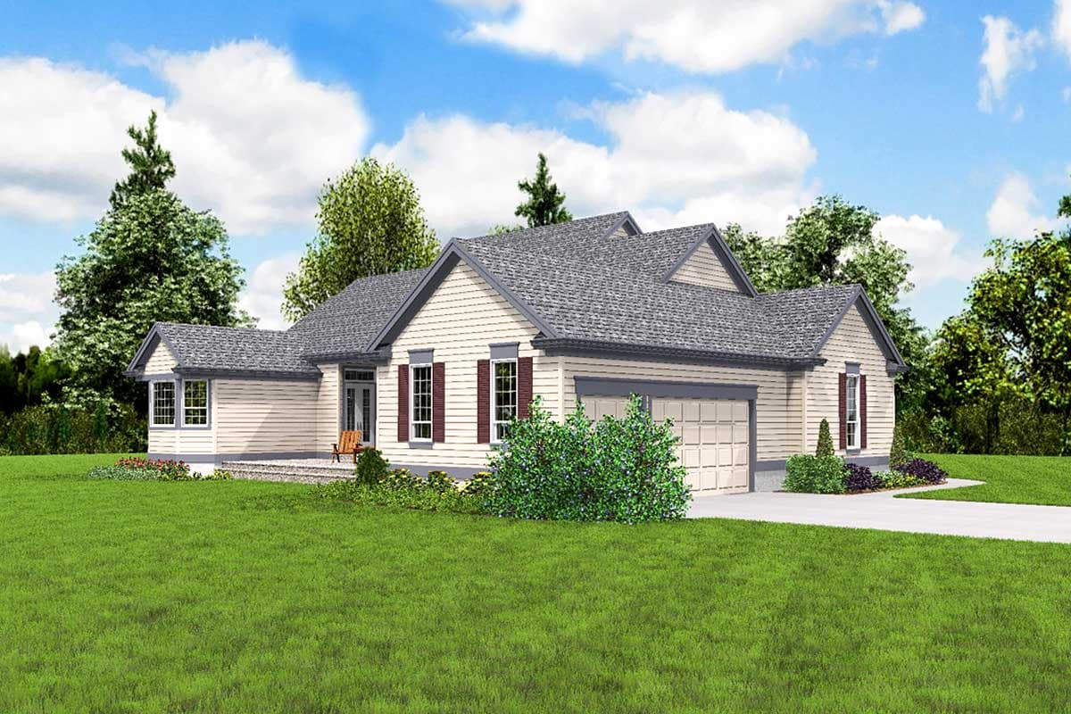 House plan exterior of a one-story ranch with a covered front porch, attached two-car garage, and multiple gables.