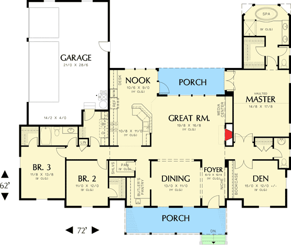 Plan 69021AM: Country House Plan With Two Covered Porches - 2367 Sq Ft - Floor Plan - Main Level - Country
