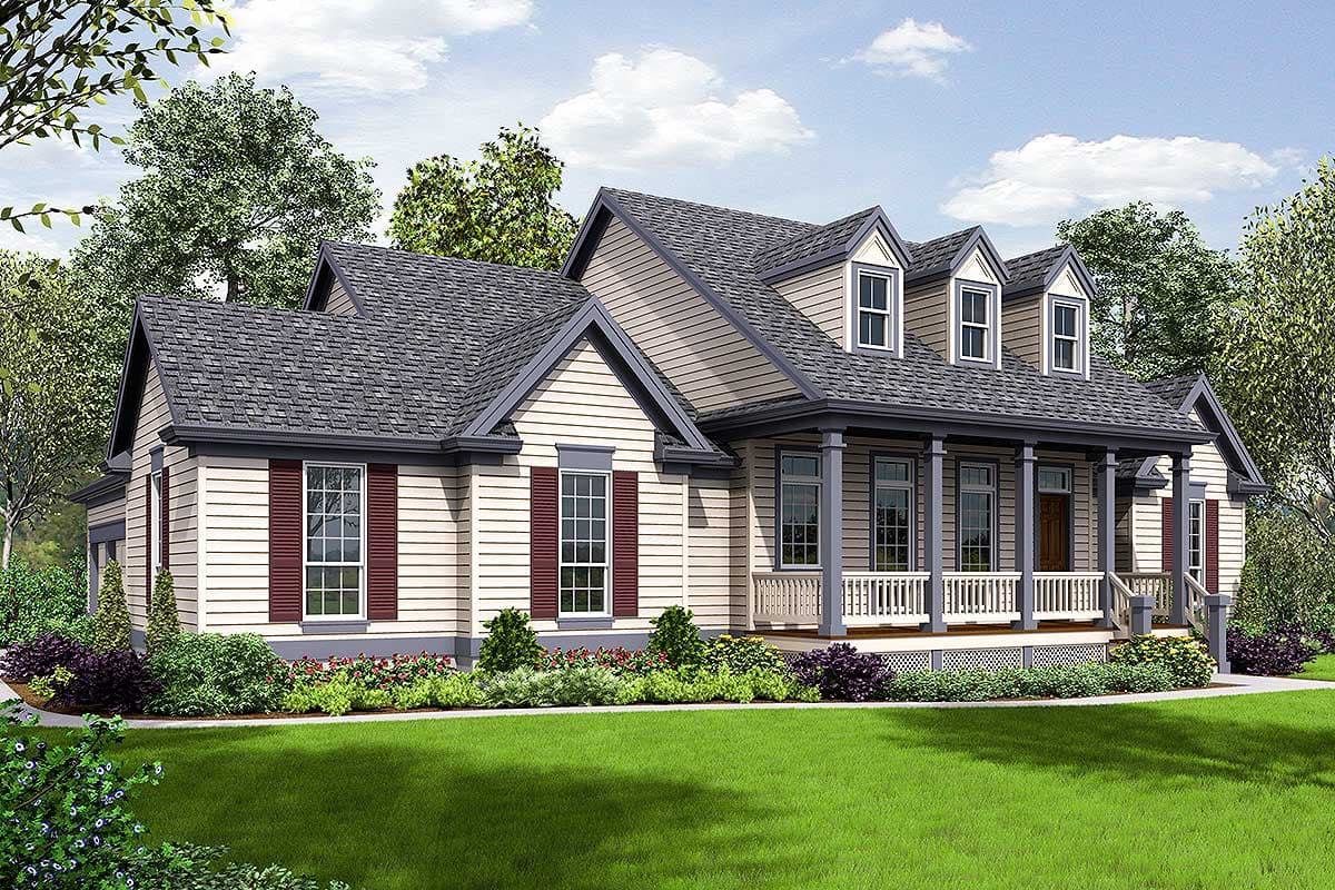 House plan exterior with two stories and a front porch. Features include dormers, gables, and a prominent roofline.