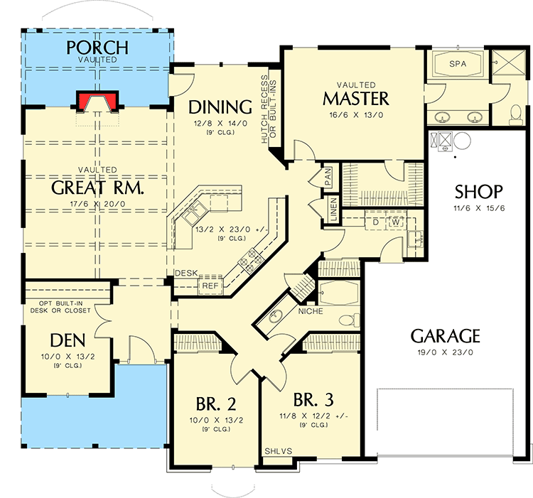Plan 69022AM: Single Story Northwest Cottage Plan with 2-Car Garage - Floor Plan - Main Level - Cottage, Northwest