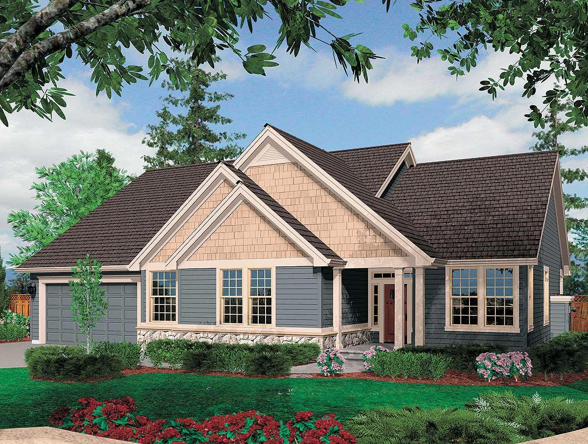 House plan exterior: Ranch style, two stories, prominent gables with shingle siding, covered porch with columns, stone foundation.