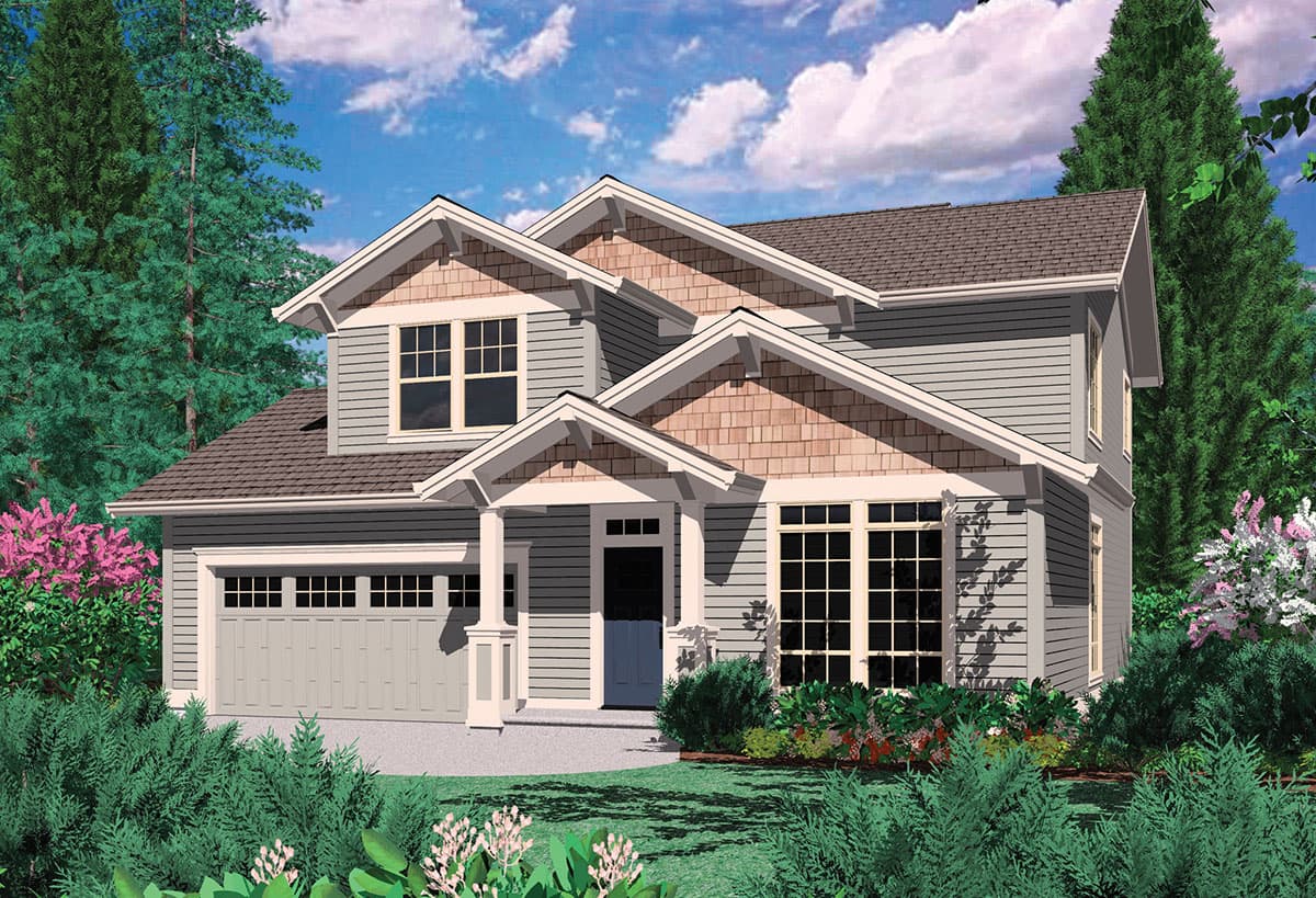 Craftsman house plan exterior, two stories, with a covered porch, gable dormers, and a side-facing garage.