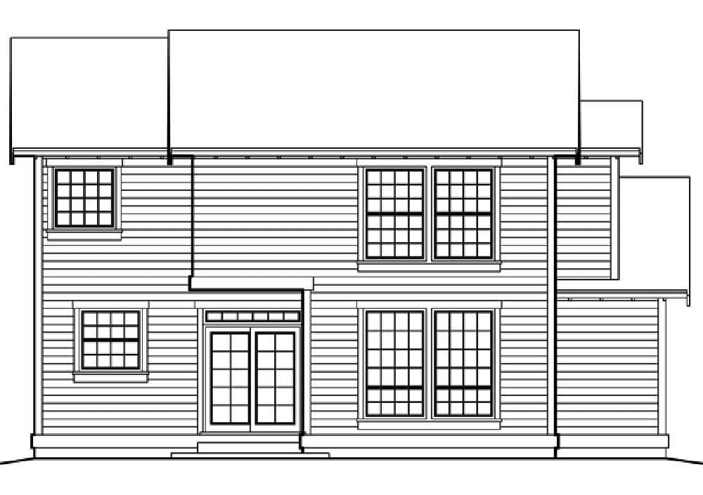 House plan exterior drawing of a two-story home with double front doors, multiple grid windows, and horizontal siding.
