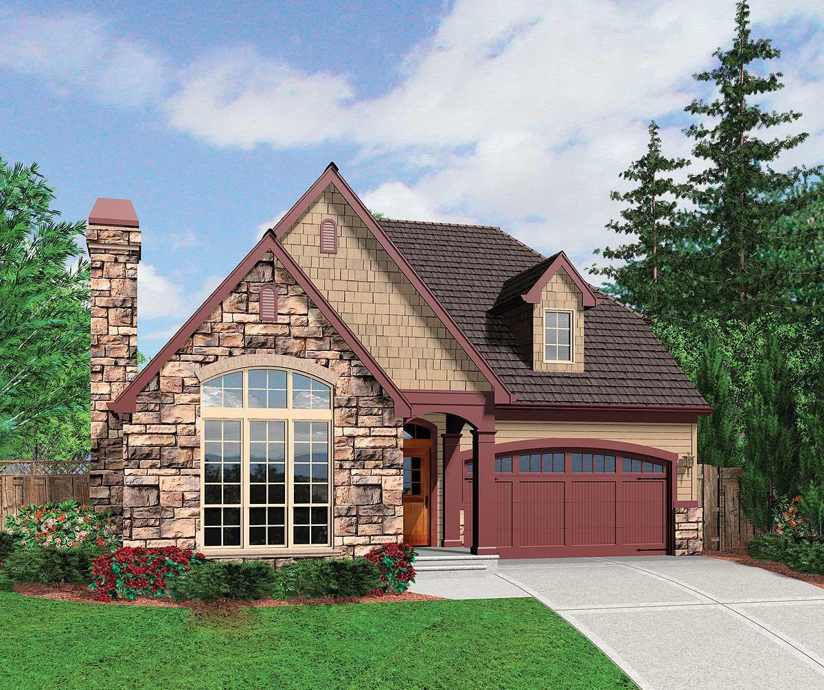 House plan exterior with stone and shingle siding, arched window, dormer, and attached garage.