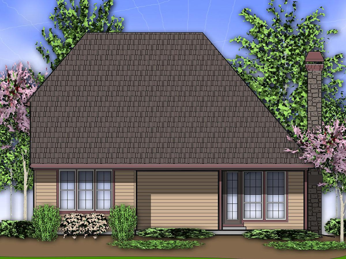 House plan exterior: Gable roof, horizontal siding, large chimney, and multiple windows visible.
