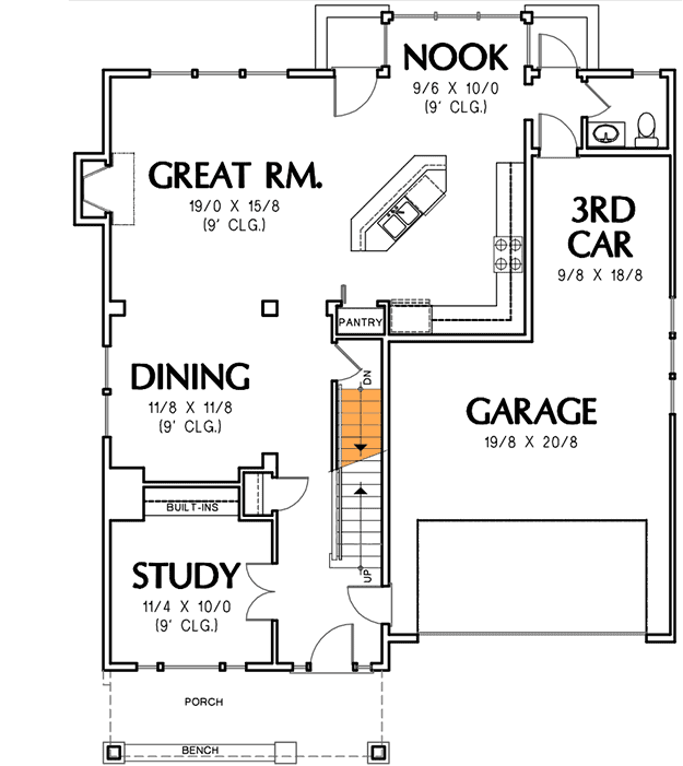 Plan 6903AM: Craftsman Home Plan with Bonus Room - 1943 Sq Ft - Floor Plan - Main Level - Basement Version - Bungalow, Craftsman, Northwest