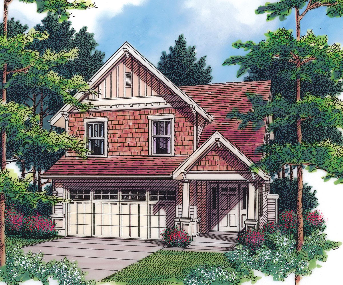 House plan exterior of a two-story home with shake siding, gables, covered porch, and a front-facing garage.