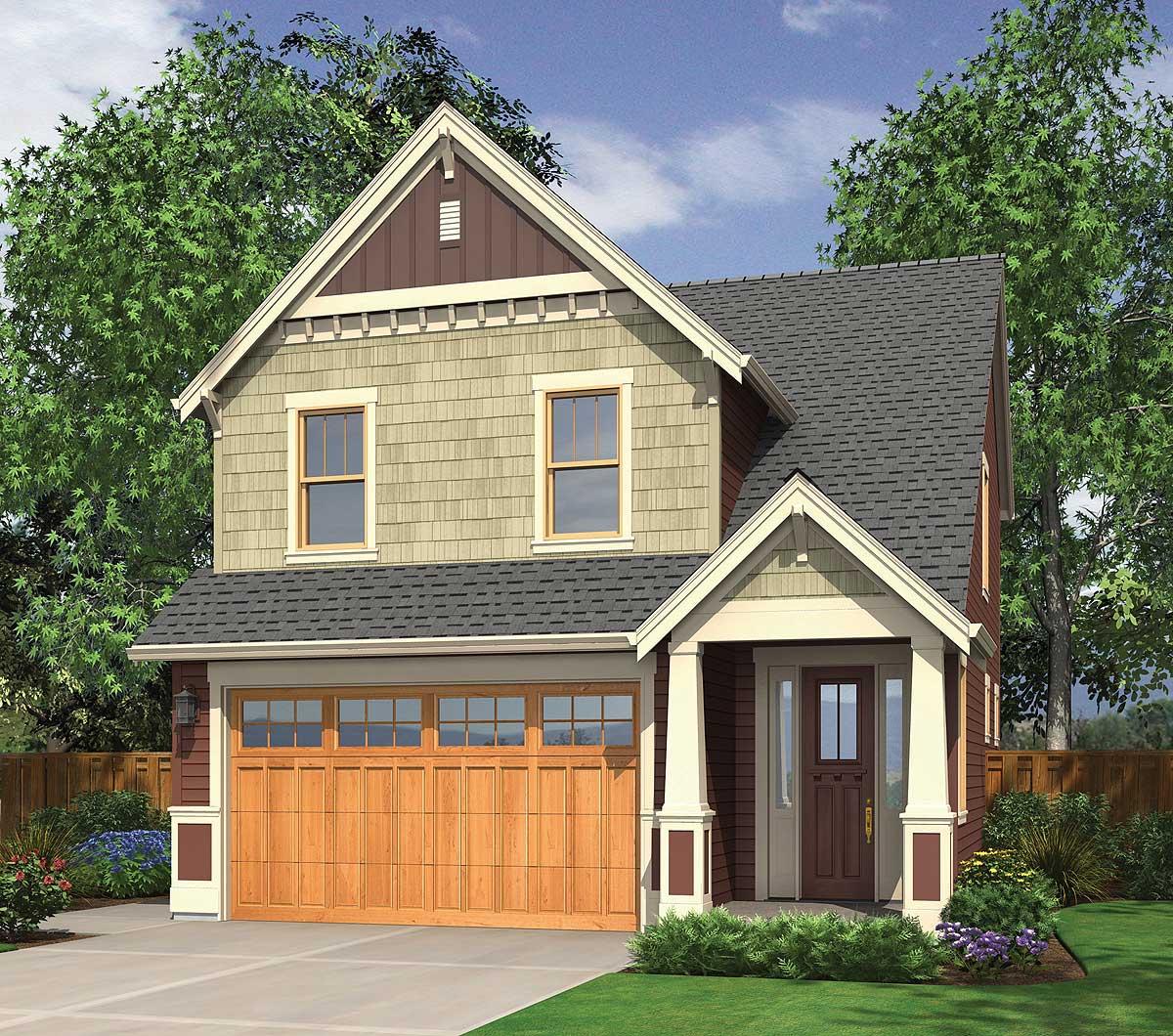 House plan exterior: Two-story home with attached garage, gable dormer, covered entry with columns, and shaker siding.