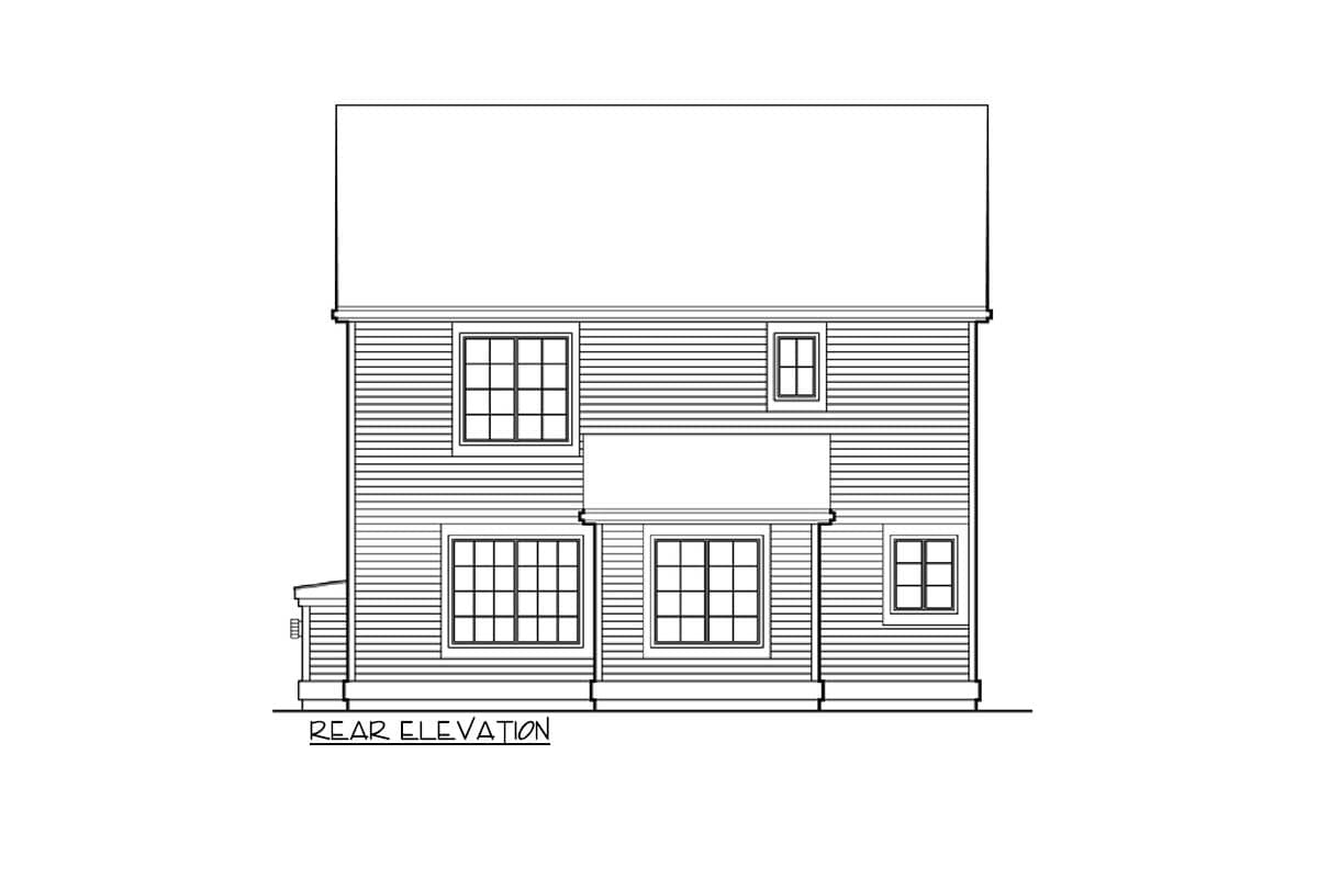Rear elevation drawing of a two-story house with horizontal siding, multiple windows, and a small covered entrance.